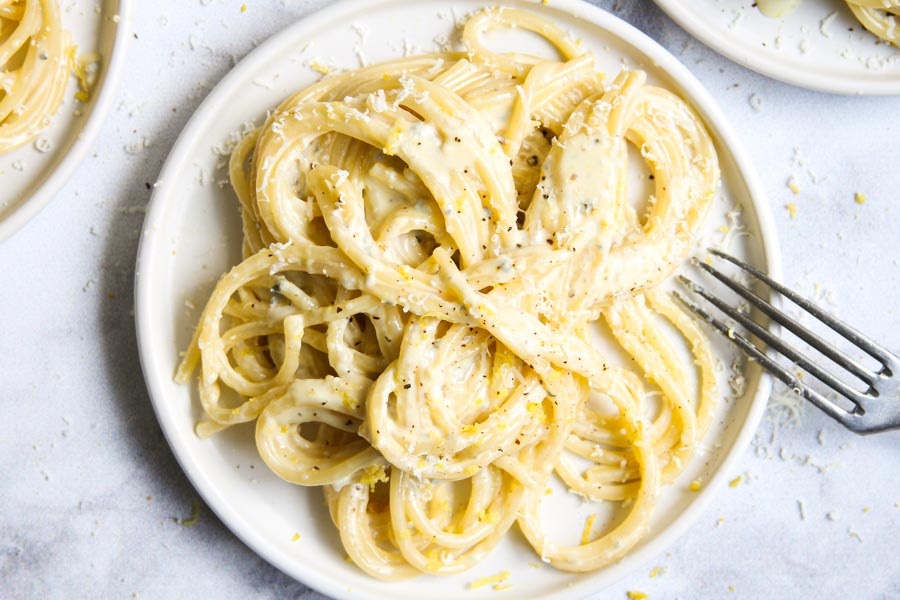 Creamy white pasta on plate